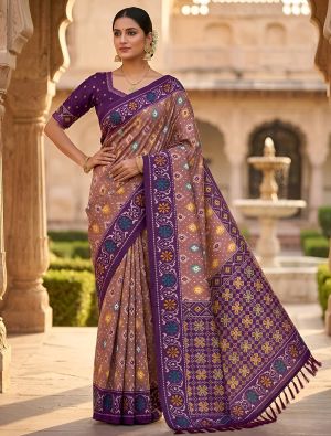 Dusty Mauve Traditional Art Silk Patola Style Saree FABSA22994