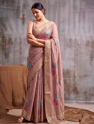 Dusty Pink Linen Cotton Saree With Antique Zari Work FABSA23099