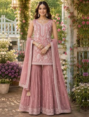 Dusty Rose Chiffon Free Size Ready To Wear Sharara Suit FABSL22536