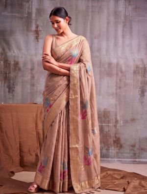 Dusty Rose Linen Cotton Saree With Antique Zari Work FABSA23102