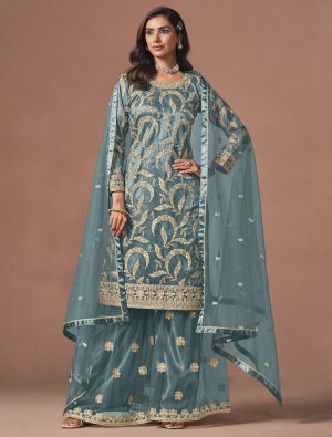 Dusty Teal Net Zari Embroidered Semi Stitched Palazzo Suit FABSL22560