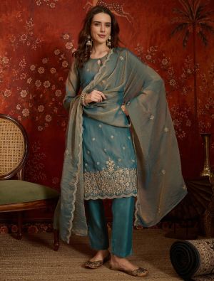 Dusty Teal Silk Blend Embroidered Ready To Wear Salwar Kameez FABSL22605