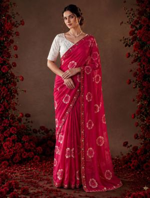 Fuchsia Pink Floral Print Chiffon Saree With Embroidery FABSA23075
