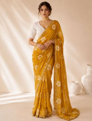 Golden Mustard Floral Print Chiffon Saree With Embroidery FABSA23077