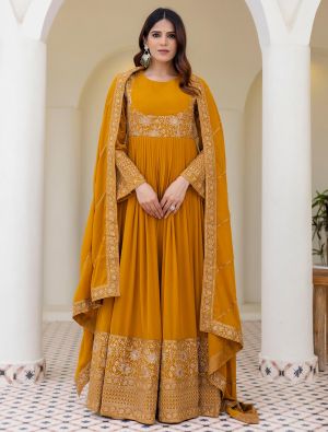 golden mustard georgette embroidered anarkali gown with dupatta fabgo20448