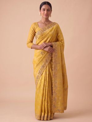 Golden Yellow Banarasi Silk Embroidered Saree FABSA23066