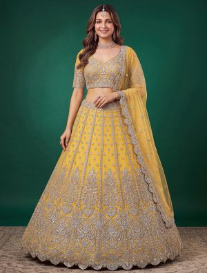 Golden Yellow Net Zari Embroidered Wedding Lehenga FABLE20608