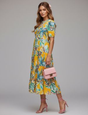 golden yellow rayon printed midi dress fabku21264