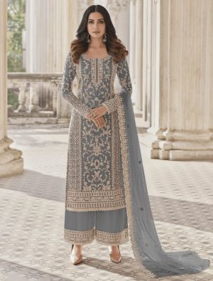 Grey Butterfly Net Semi Stitched Salwar Kameez FABSL22513