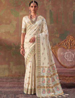Ivory Cream Banarasi Soft Art Silk Saree With Jacquard Weaving FABSA23050