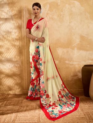 Ivory Cream Floral Print Georgette Saree FABSA22981