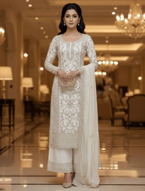 Ivory White Butterfly Net Semi Stitched Salwar Kameez FABSL22511