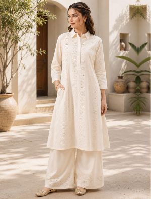 ivory white cotton straight-cut kurta set with schiffli embroidery swatch fabku21331