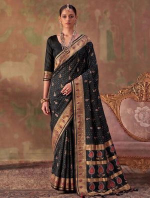 Jet Black Banarasi Soft Art Silk Saree With Jacquard Weaving FABSA23053