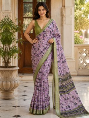 Lavender Linen Silk Floral Print Saree FABSA23003