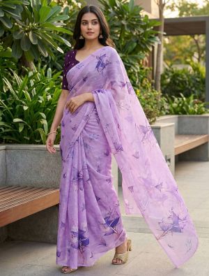 Lavender Organza Digital Print Saree With Embroidered Blouse Piece FABSA23030