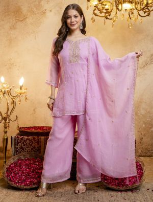 Lavender Pink Crunchy Silk Embroidered Ready To Wear Salwar Kameez swatch FABSL22568