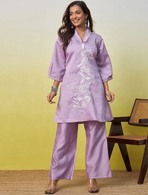 lavender viscose rayon embroidered co ord set fabku21309