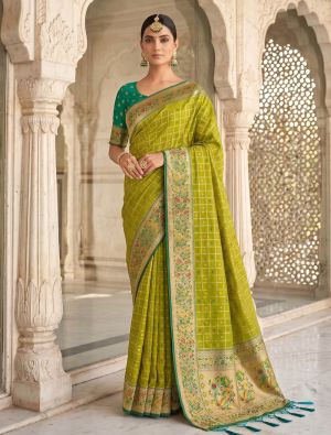 Lime Green Banarasi Art Silk Saree With Golden Zari Work FABSA22976