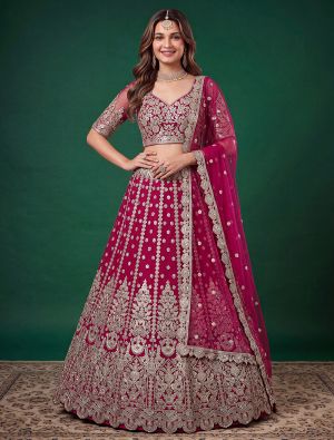 Magenta Pink Net Zari Embroidered Wedding Lehenga FABLE20603