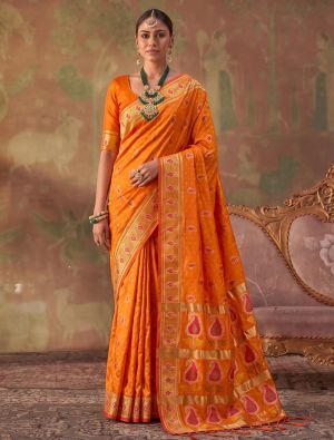 Marigold Orange Banarasi Soft Art Silk Saree With Jacquard Weaving FABSA23052