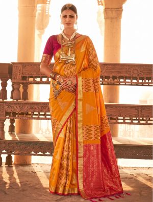 Marigold Orange Soft Art Silk Saree With Gold Zari Weaving FABSA23072