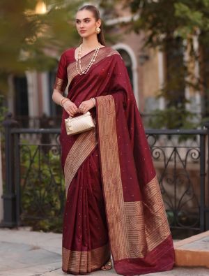Maroon Cotton Blend Saree With Woven Zari Work FABSA23040