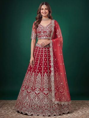 Maroon Red Net Zari Embroidered Wedding Lehenga FABLE20607