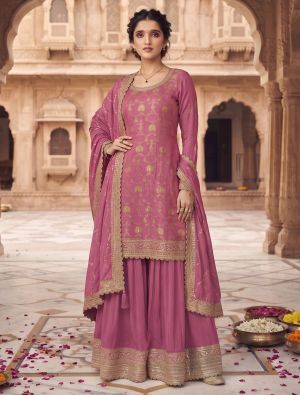 Mauve Pink Chinon Free Size Ready To Wear Palazzo Suit FABSL22545