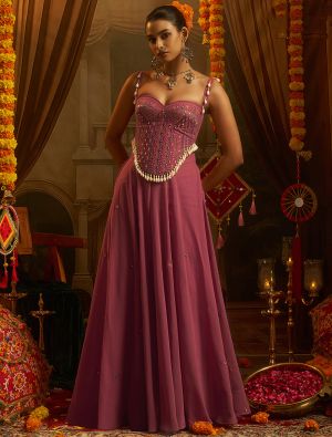 mauve pink georgette embellished crop top and palazzo set fabku21322