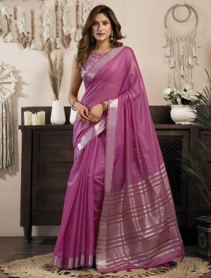 Mauve Pink Khadi Cotton Saree With Zari FABSA23140