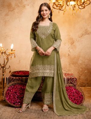 Mehendi Green Crunchy Silk Embroidered Ready To Wear Salwar Kameez swatch FABSL22576