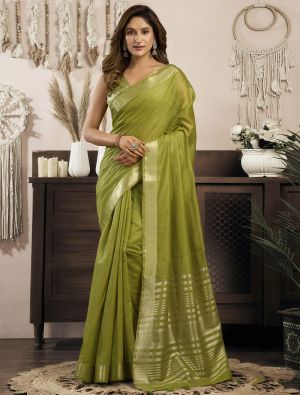Mehendi Green Khadi Cotton Saree With Zari FABSA23136