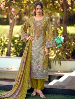 Mehendi Green Lawn Cotton Pakistani Salwar Kameez With Thread Work FABSL22565