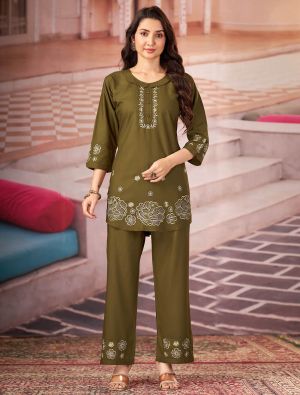 mehendi green rayon embroidered co ord set with handwork fabku21329