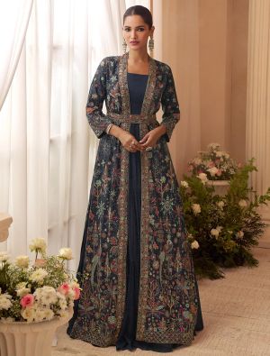 Midnight Blue Chinon Ready To Wear Anarkali Dress With Front Open Jacket FABSL22528
