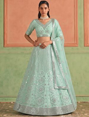 Mint Blue Organza Embroidered Lehenga Choli With Foil Mirror Work FABLE20637