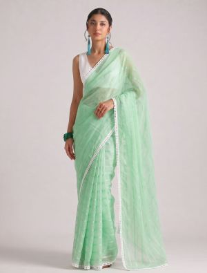 Mint Green Chiffon Ready To Wear Saree With Unstitched Blouse FABSA23127