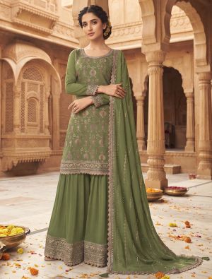 Moss Green Chinon Free Size Ready To Wear Palazzo Suit FABSL22548