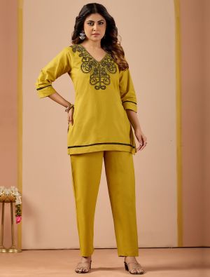 mustard cotton flex embroidered co ord set fabku21316