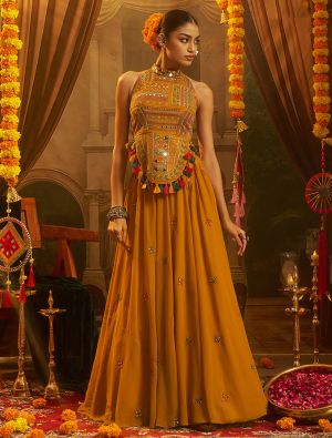 mustard georgette embellished crop top and palazzo set fabku21323