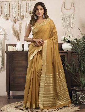 Mustard Gold Khadi Cotton Saree With Zari FABSA23138