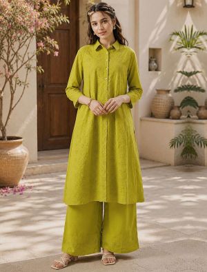 mustard green cotton straight-cut kurta set with schiffli embroidery swatch fabku21332
