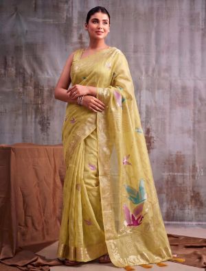 Mustard Linen Cotton Saree With Antique Zari Work FABSA23101