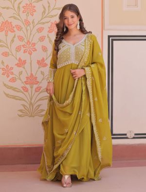 mustard olive star georgette anarkali gown with dupatta fabgo20446