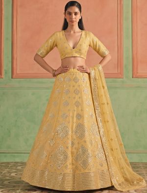 Mustard Yellow Organza Embroidered Lehenga Choli With Foil Mirror Work FABLE20630