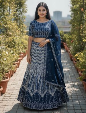 Navy Blue Georgette Embroidered Lehenga Choli FABLE20601