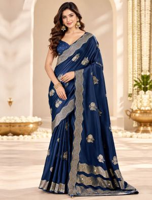 Navy Blue Satin Saree With Floral Motifs and Ornate Border FABSA23142