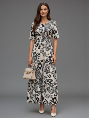 off white and black muslin printed maxi dress fabku21273