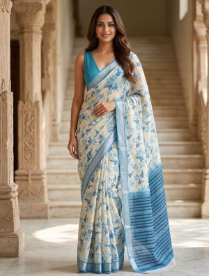 Off White Linen Silk Floral Print Saree FABSA22996
